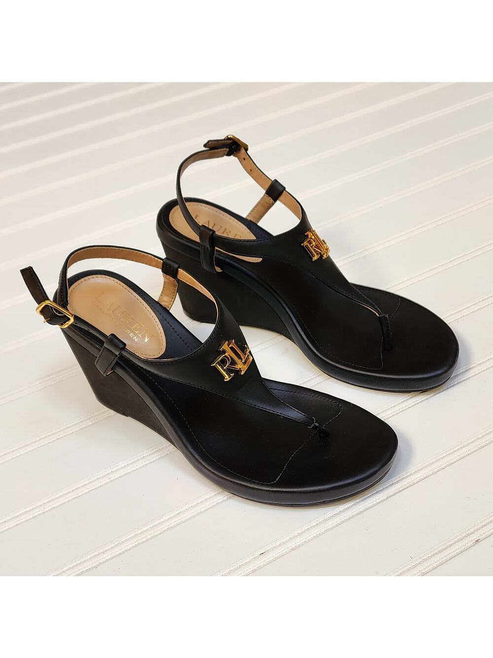 Lauren Ralph Lauren Women's Jeannie Black Wedge Sandals Size 6.5